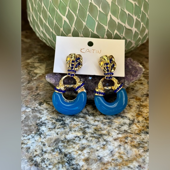 Chunky Gold Blue Rhinestone Dangle Earrings - Picture 1 of 5